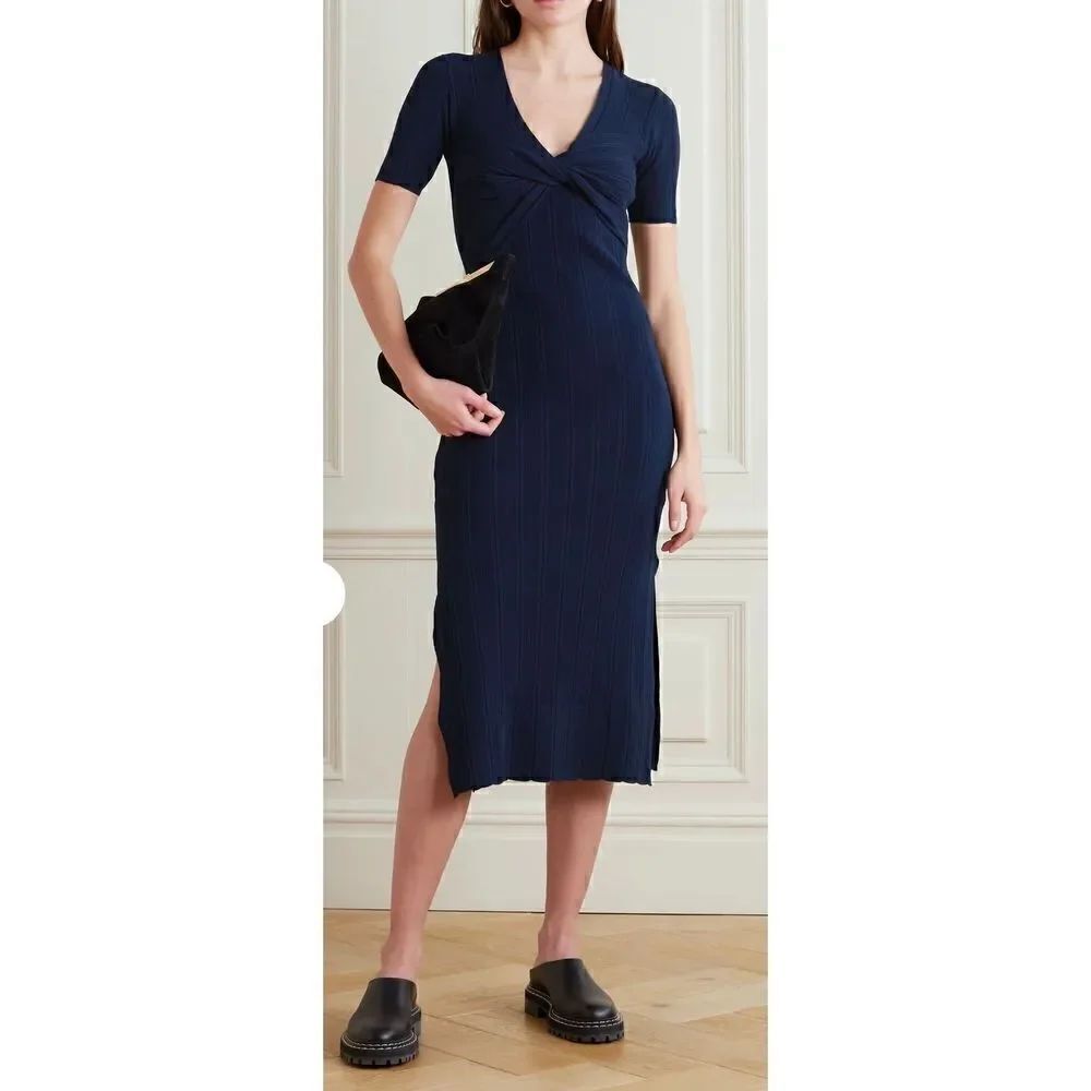 Frame Twist-Front Ribbed Stretch-Knit Midi Dress in Navy NWOT Size Small
